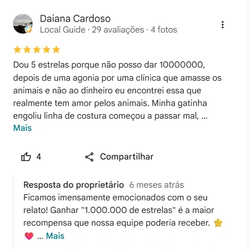 Avaliação de Daiana Cardoso no Google sobre o Aricanduva Centro Veterinário