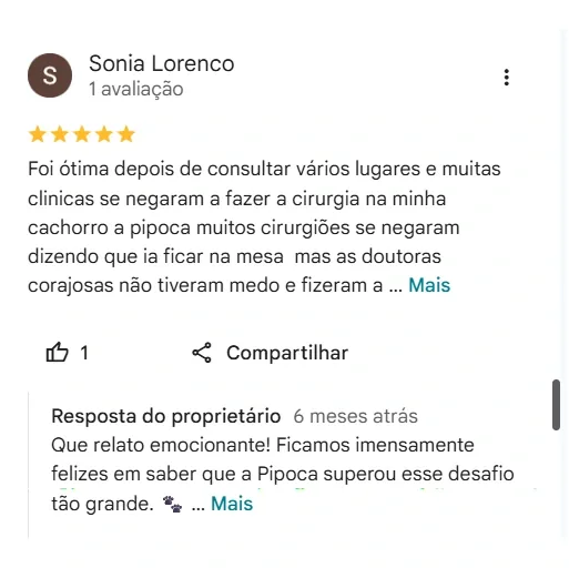 Avaliação de Sonia Lorenco no Google sobre o Aricanduva Centro Veterinário