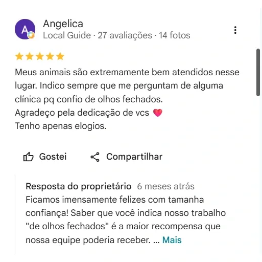Avaliação de Angelica no Google sobre o Aricanduva Centro Veterinário