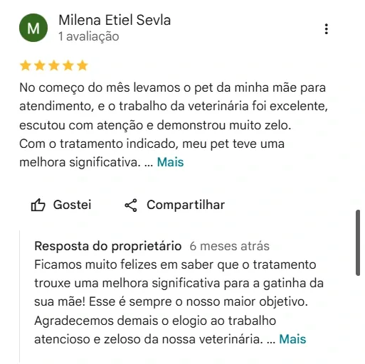 Avaliação de Milena Etiel Sevla no Google sobre o Aricanduva Centro Veterinário
