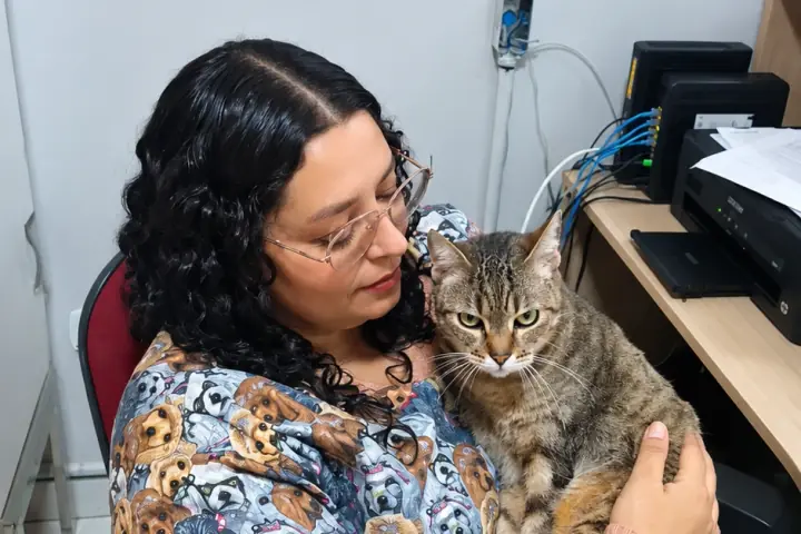 Tutora com seu gato no Aricanduva Centro Veterinário